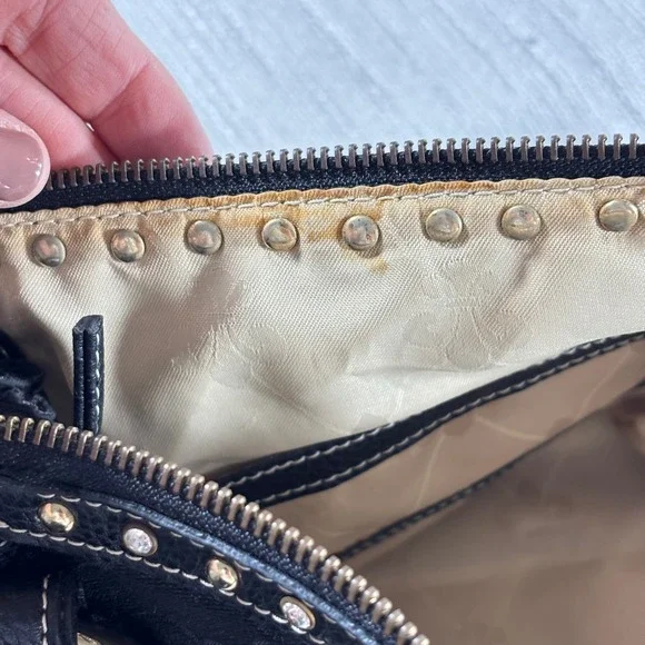 Kathy Van Zeeland Black Floral Jacquard Satchel Handbag Gold Heart Charm Studded - Picture 7 of 16